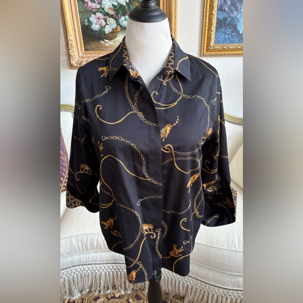 Chico's Black and Gold Chain Pattern Top